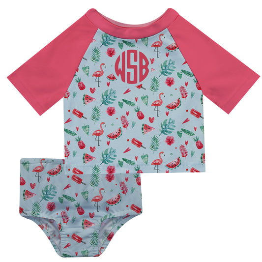 Summer Print Monogram Light Blue and Coral 2pc Short Sleeve Rash Guard - Wimziy&Co.