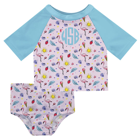 Flamingos Print Monogram Pink and Light Blue 2pc Short Sleeve Rash Guard - Wimziy&Co.