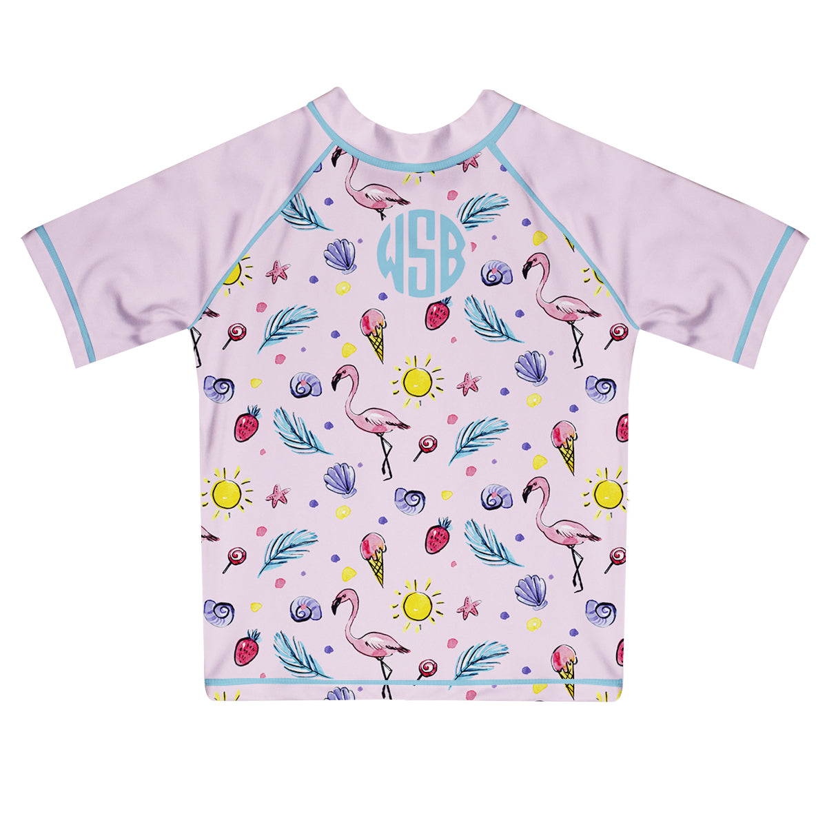 Flamingos Print Monogram Pink Short Sleeve Rash Guard - Wimziy&Co.