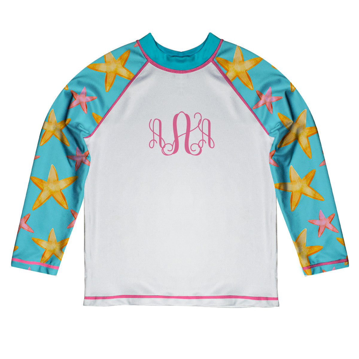Stars Monogram White and Turquoise Long Sleeve Rash Guard - Wimziy&Co.