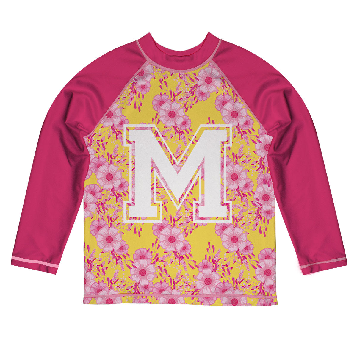 Tropical Initial Name Yellow and Hot Pink Long Sleeve Rash Guard