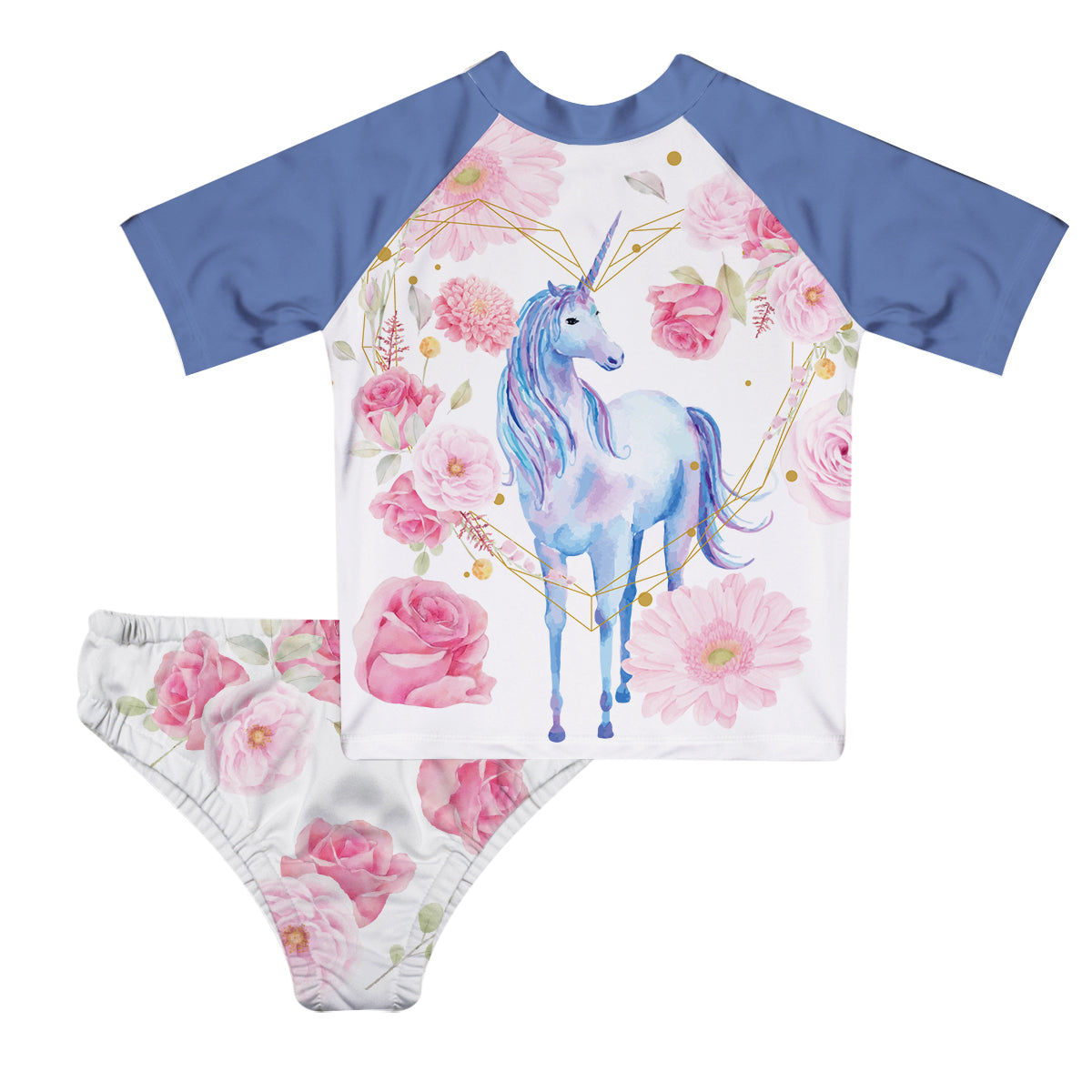 Unicorn Flowers White 2pc Short Sleeve Rash Guard