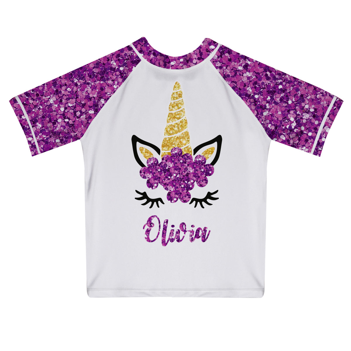Unicorn Name White and Purple Glitter Short Sleeve Rash Guard - Wimziy&Co.