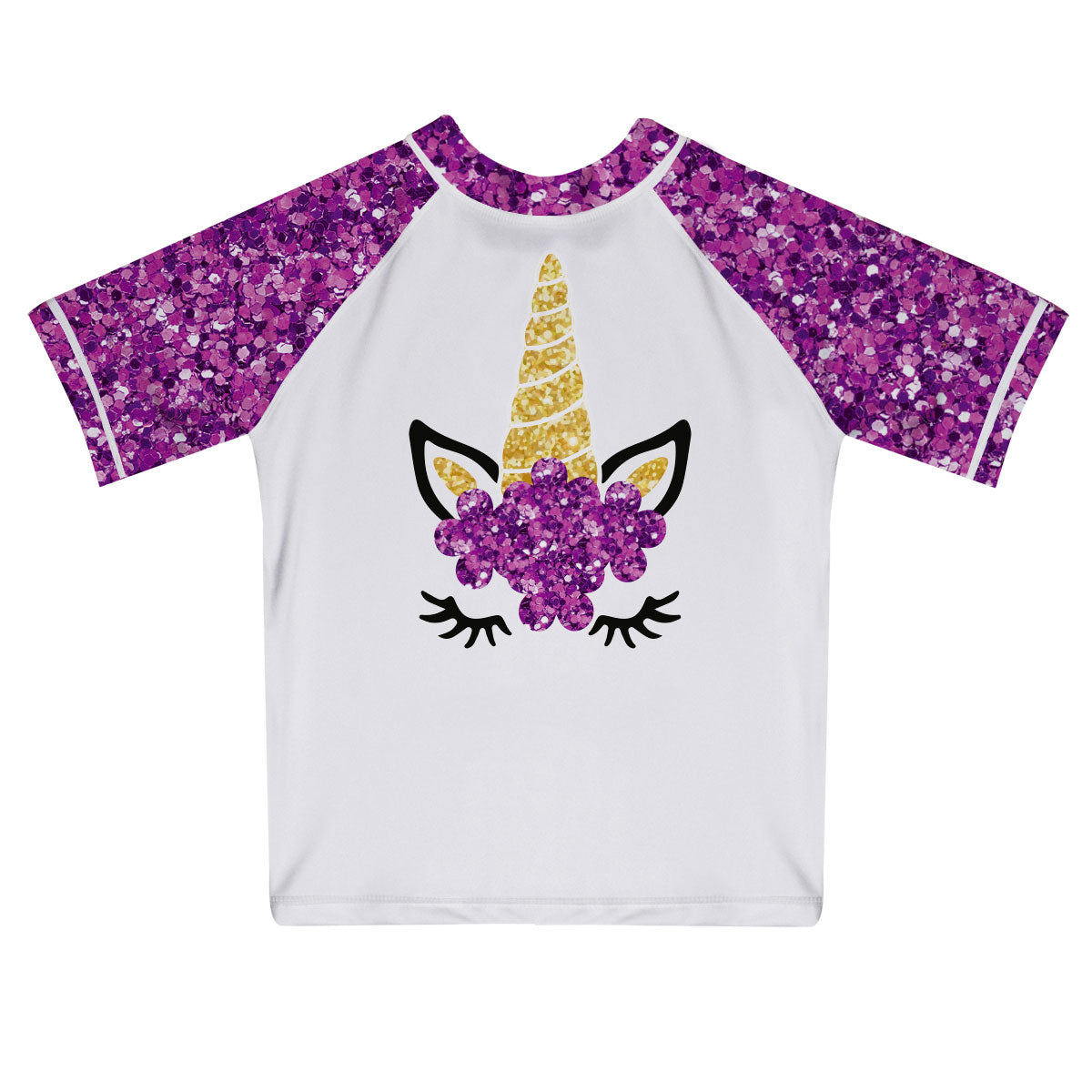 Unicorn Name White and Purple Glitter Short Sleeve Rash Guard - Wimziy&Co.