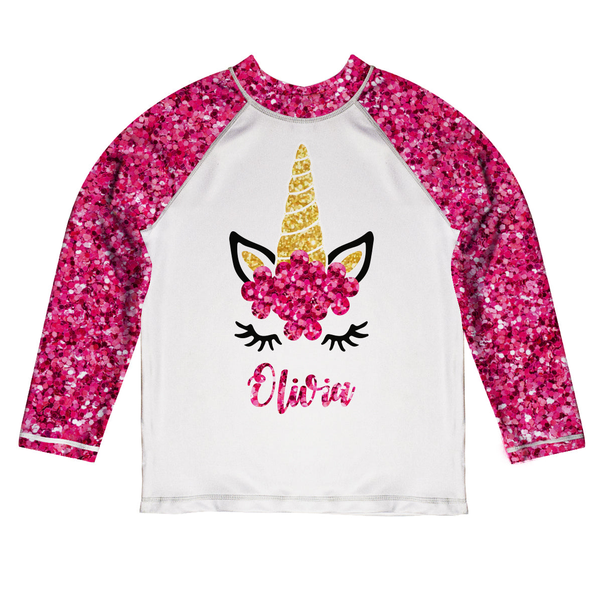 Unicorn Name White and Hot Pink Glitter Long Sleeve Rash Guard - Wimziy&Co.