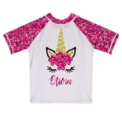 Unicorn Name White and Pink Glitter Short Sleeve Rash Guard - Wimziy&Co.