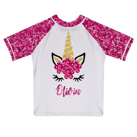 Unicorn Name White and Pink Glitter Short Sleeve Rash Guard - Wimziy&Co.
