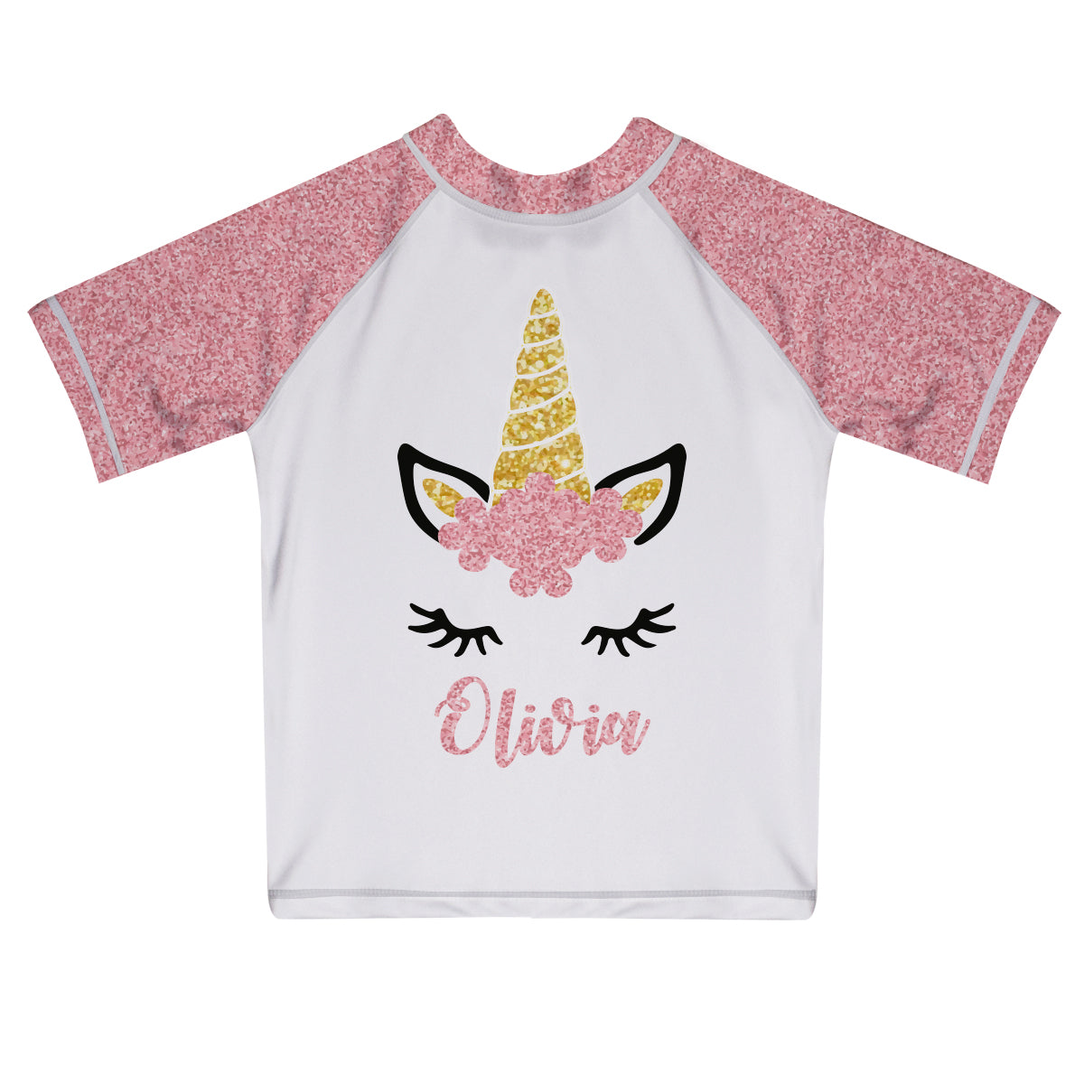Unicorn Name White and Pink Glitter Short Sleeve Rash Guard - Wimziy&Co.