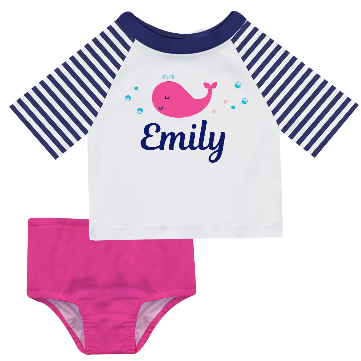Whale Name White and Navy Stripes 2pc Short Sleeve Rash Guard - Wimziy&Co.