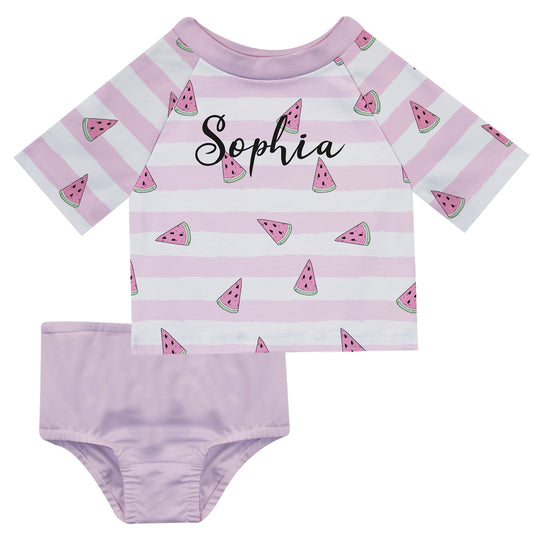Watermelon Print Name White and Light Stripes Pink 2pc Short Sleeve Rash Guard - Wimziy&Co.
