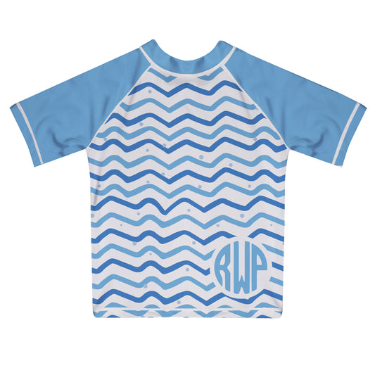 Monogram White and Light Blue  Short Sleeve Rash Guard - Wimziy&Co.