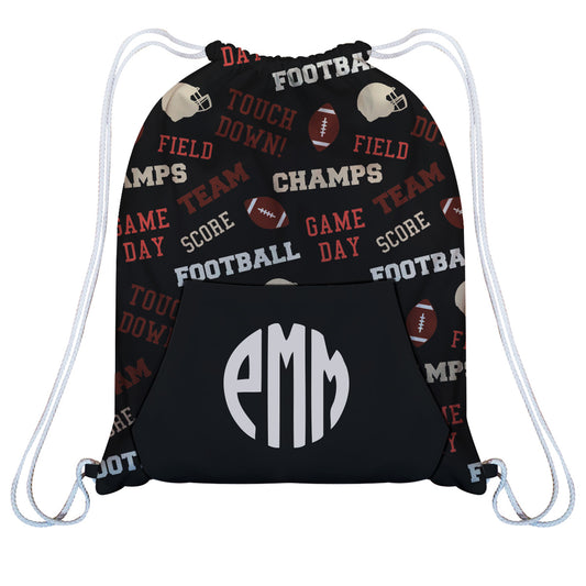 Football Print Monogram Black Gym Bag With Kangaroo Pocket - Wimziy&Co.