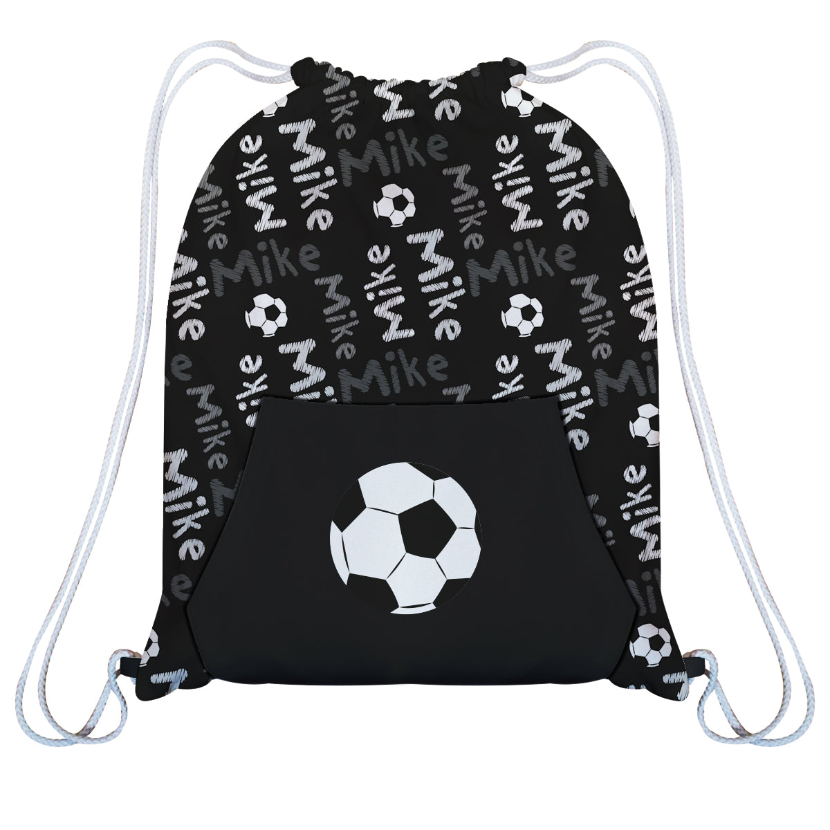 Soccer Ball and Name Print Black Fleece Gym Bag With Kangaroo Pocket - Wimziy&Co.