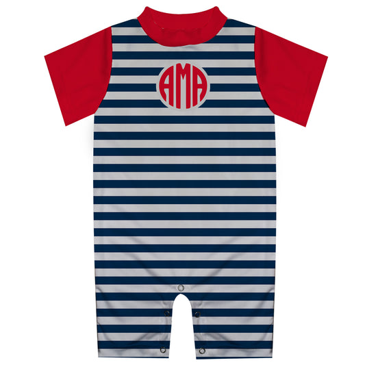 Monogram Stripe Navy and Red Boys Romper - Wimziy&Co.