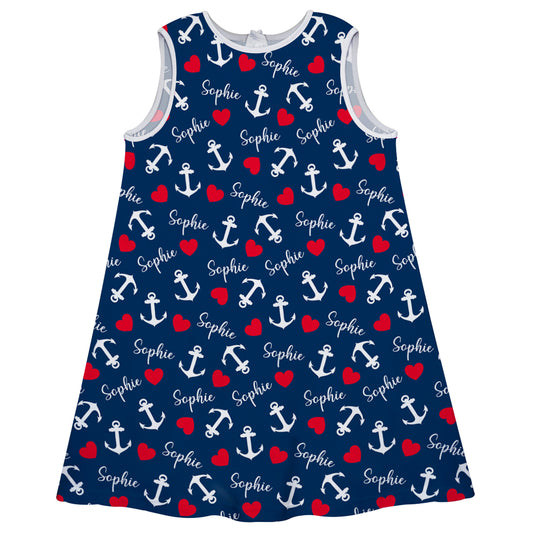 Anchor And Name Print Navy A Line Dress - Wimziy&Co.