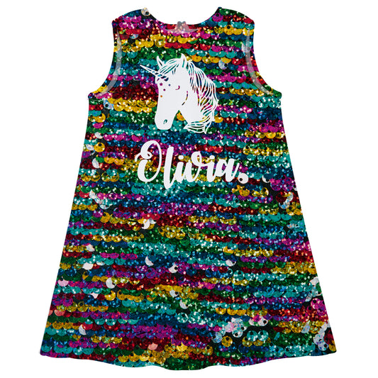 Sequins and white unicorn head a line dress with name - Wimziy&Co.