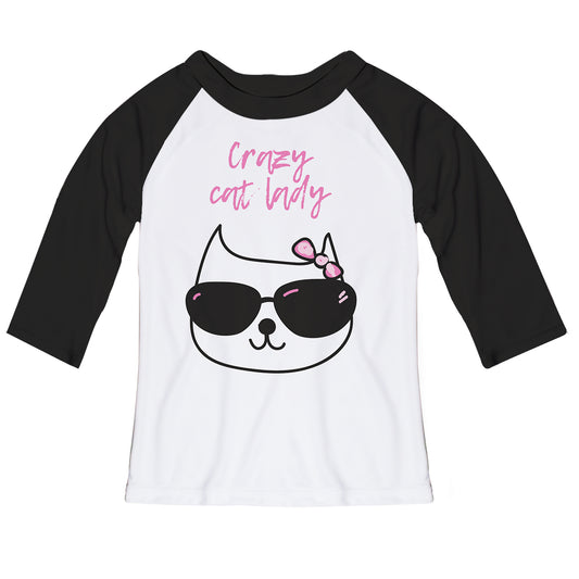 Crazy Cat Lady White and Black Raglan Tee Three quarter Sleeve - Wimziy&Co.