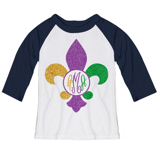 Fleur De Lis Monogram White And Navy Raglan Tee Shirt Three Quarter Sleeve - Wimziy&Co.