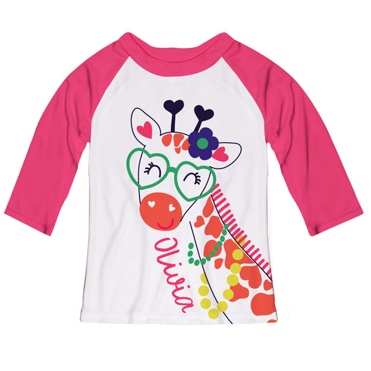 Giraffe Name White and Hot Pink Raglan Tee Shirt Three quarter Sleeve - Wimziy&Co.