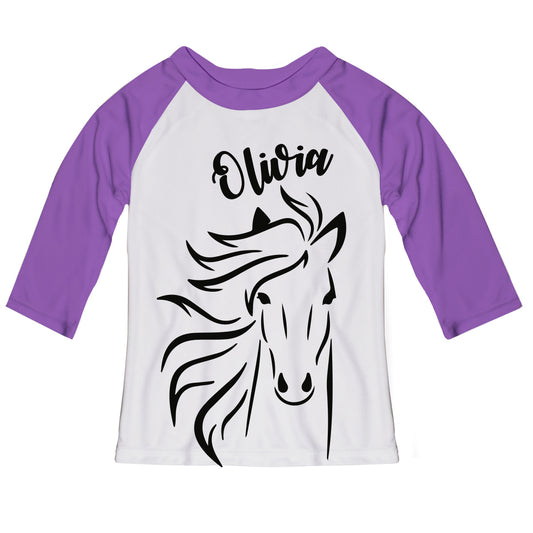 White and purple three quarter sleeve blouse with horser and name - Wimziy&Co.
