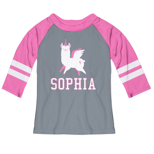 Gray and pink 'Llamacorn' raglan tee shirt with name - Wimziy&Co.