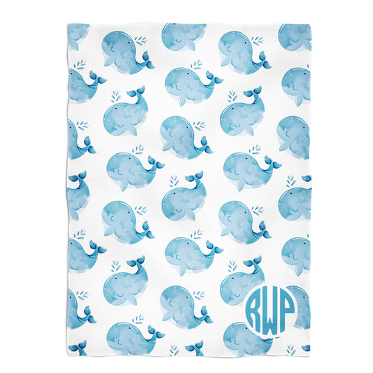 Whale print monogram white minky blanket - Wimziy&Co.