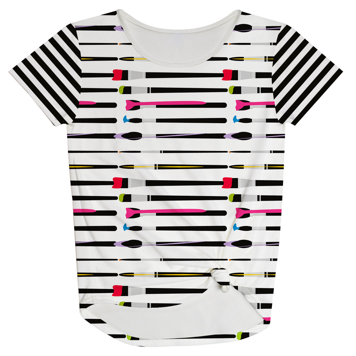 Brushes Print White And Black Stripes Knot Top - Wimziy&Co.