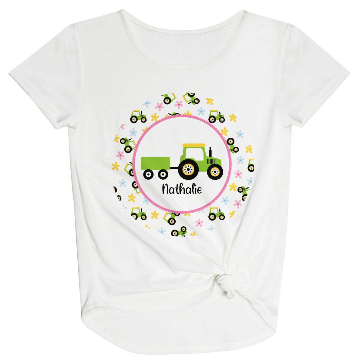 Tractor Personalized Name White Knot Top