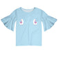 Light blue and white llamas bell sleeve blouse with monogram - Wimziy&Co.