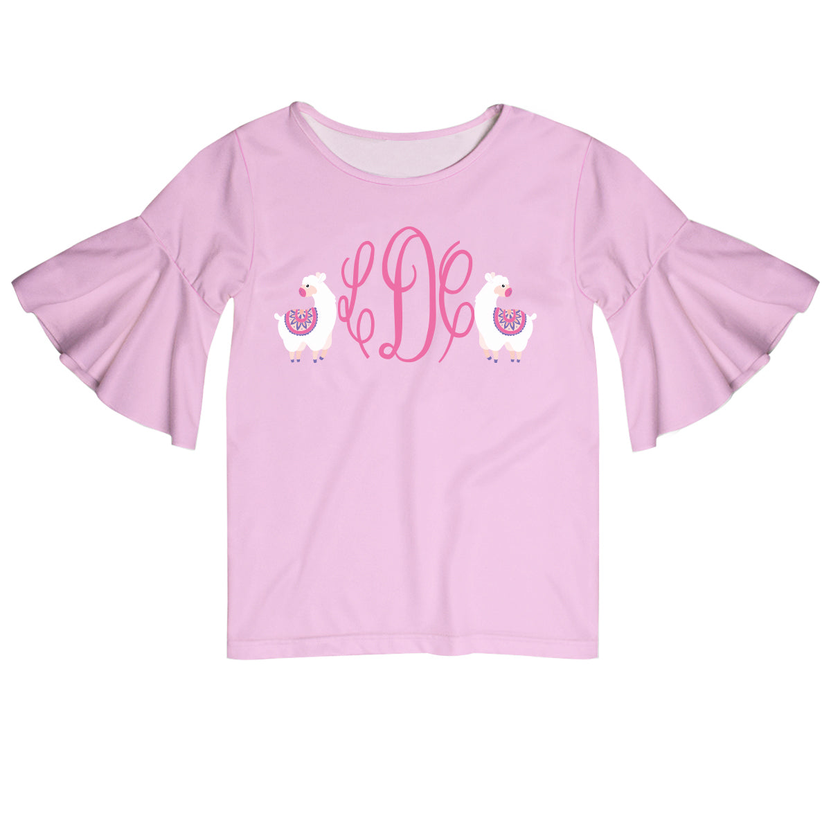 Pink and white llamas bell sleeve girls blouse with monogram - Wimziy&Co.