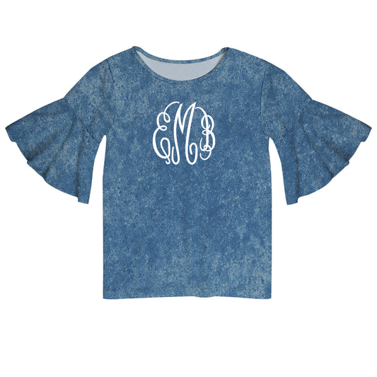 Monogram Blue Wash Short Sleeve Ruffle Top - Wimziy&Co.