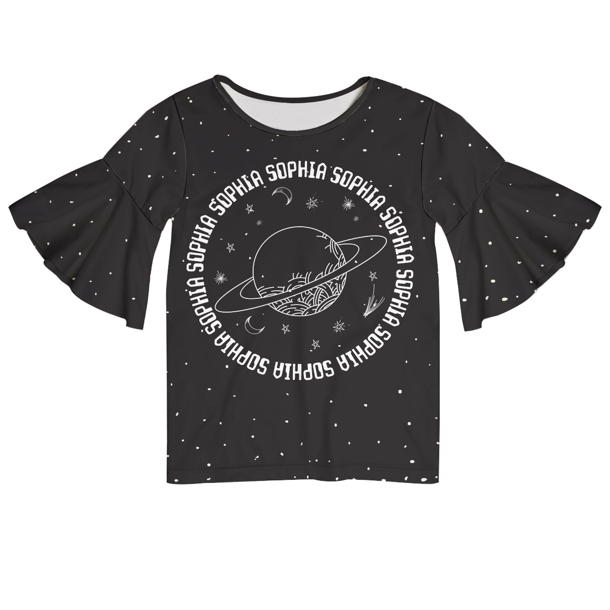Planet Space Name Black Short Sleeve Ruffle Top - Wimziy&Co.